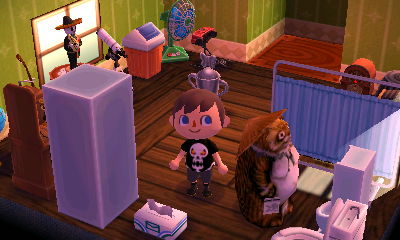 A raccoon figurine standing at a men's toilet.