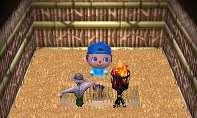 A room of wheat, with a scarecrow and an open flame in the SpotPass home of Reiko from Biscotti.