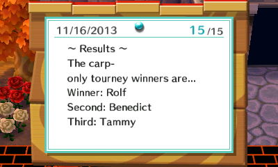 ~ Results ~ The carp-only tourney winners are... Winner: Rolf. Second: Benedict. Third: Tammy.