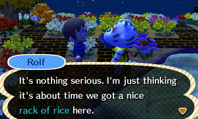 Rolf: It's nothing serious. I'm just thinking it's about time we got a nice rack of rice here.