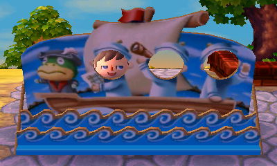 Me looking seasick on the ship shown on the face-cutout standee for Explorer'r Day.