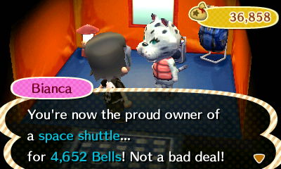 Bianca: You're now the proud ownder of a space shuttle... for 4,652 bells! Not a bad deal!
