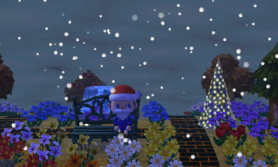 Sitting on the bench in the snow, near my illuminated tree.