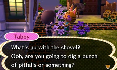 Tabby: What's up with the shovel? Ooh, are you going to dig a bunch of pitfalls or something?