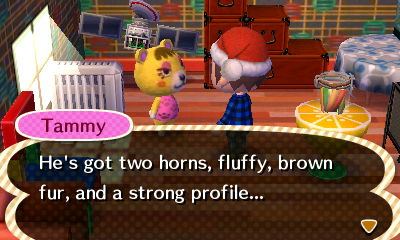 Tammy: He's got two horns, fluffy, brown fur, and a strong profile...
