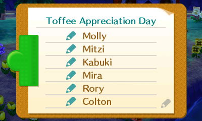 Petition signatures for Toffee Appreciation Day: Molly, Mitzi, Kabuki, Mira, Rory, Colton.