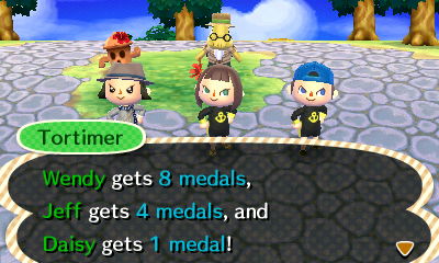 Tortimer: Wendy gets 8 medals, Jeff gets 4 medals, and Daisy gets 1 medal!