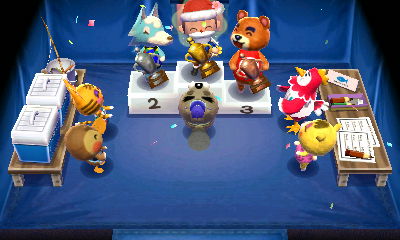 Holding my gold fishing trophy atop the podium in the winners' ceremony.