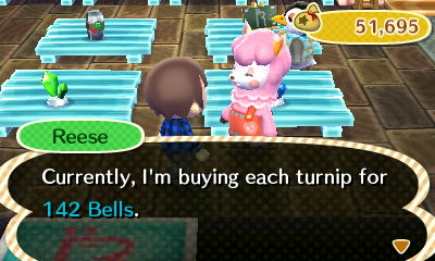 Reese: Currently, I'm buying each turnip for 142 bells.