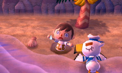 Struggling in a pitfall on the beach, next to an unconscious Gulliver.