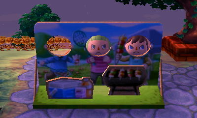 Beth and Jeff angrily pose in face-cutout standee for Labor Day.