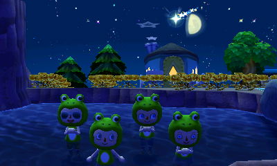 Frogs wish on a shooting star while standing in the lake.