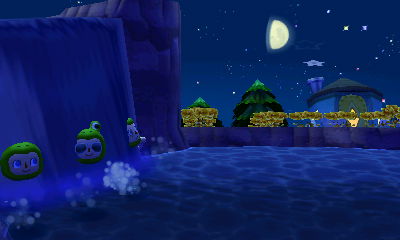 Frogs playing in the waterfall.