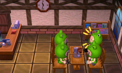 Four frogs having coffee.