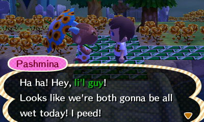 Pashmina: Ha ha! Hey, li'l guy! Looks like we're both gonna be all wet today! I peed!