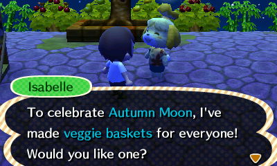 Isabelle: To celebrate Autumn Moon, I've made veggie baskets for everyone! Would you like one?
