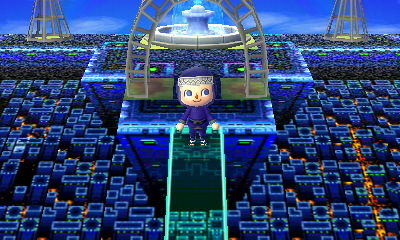 An illuminated arch and illuminated trees in the futuristic town of Titania.