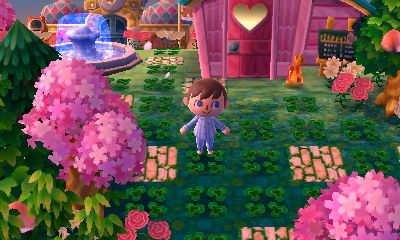 Four-leaf clover paths, a fountain, pink trees, and Re-Tail as seen in Pastelia.