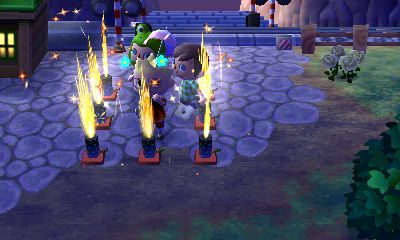 A bunch of fountain fireworks going off at once.