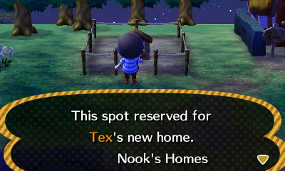 Sign: This spot reserved for Tex's new home. -Nook's Homes