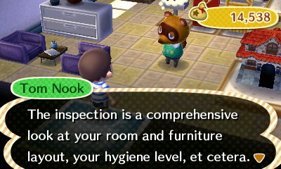 Tom Nook: The inspection is a comprehensive look at your room and furniture layout, your hygiene level, et cetera.