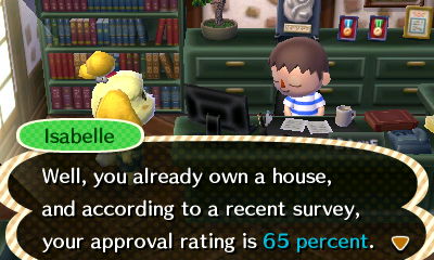 Isabelle: Well, you already own a house, and according to a recent survey, your approval rating is 65 percent.