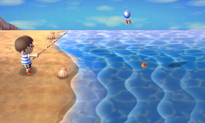 Fishing in the ocean as a balloon present floats by in the distance.