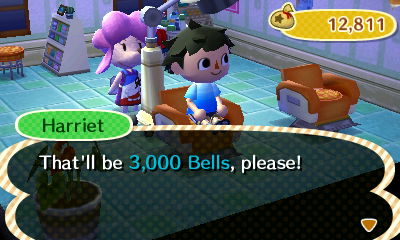 Harriet, at Shampoodle: That'll be 3,000 bells, please!