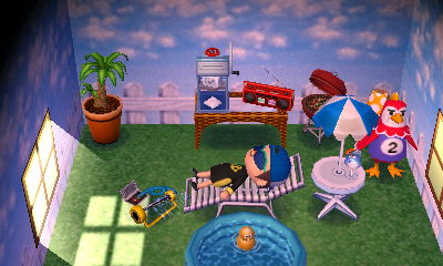 Lying on Benedict's lawn chair in his house.