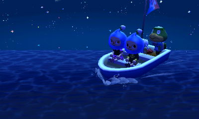 Two blue Pikmin ride Kapp'n's boat out to the island.