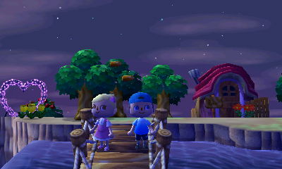 Wendy's bridge atop the waterfall, with her illuminated heart in the distance.