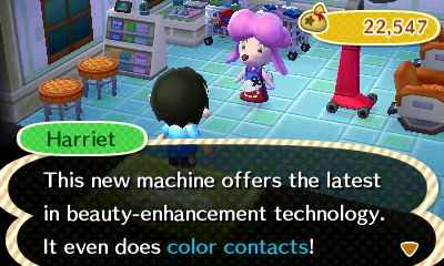 Harriet: This new machine offers the latest in beauty-enhancement technology. It even does color contacts!