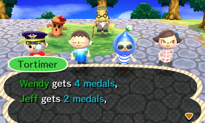 Tortimer: Wendy gets 4 medals, Jeff gets 2 medals.