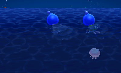 Jeff and Wendy, both dressed as blue Pikmin, fleeing from a jellyfish.