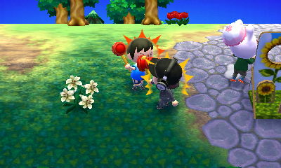 Fighting with toy hammers.