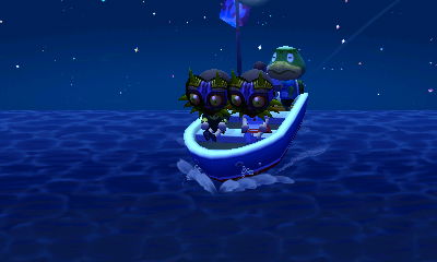 Me and Wendy, both wearing Majora's Masks, ride Kapp'n's boat out to the island.