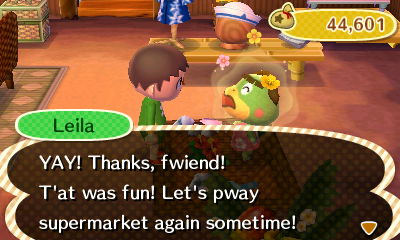 Leila: YAY! Thanks, fwiend! T'at was fun! Let's pway supermarket again sometime!
