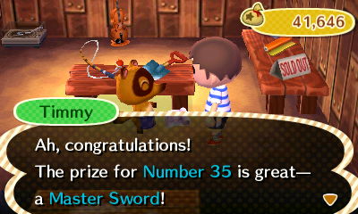 Timmy: Ah, congratulations! The prize for Number 35 is great--a Master Sword!