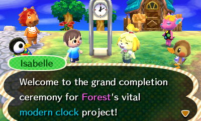 Isabelle: Welcome to the grand completion ceremony for Forest's vital modern clock project!