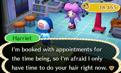 Harriet: I'm booked with appointments for the time being, so I'm afraid I only have time to do your hair right now.