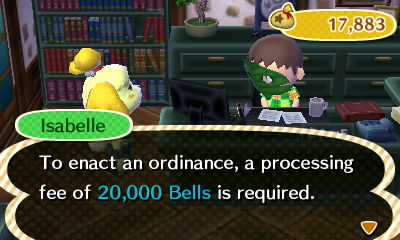 Isabelle: To enact an ordinance, a processing fee of 20,000 bells is required.