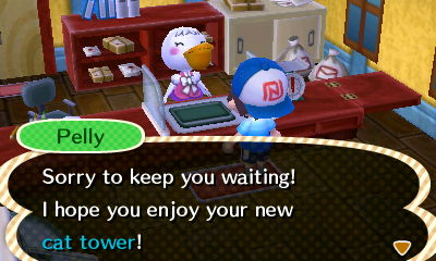 Pelly: Sorry to keep you waiting! I hope you enjoy your new cat tower!