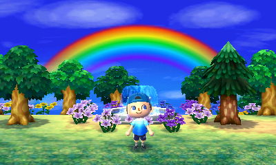 A rainbow appears over the fountain in my New Leaf town.