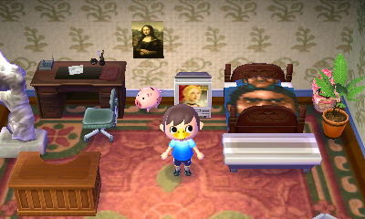 Reggie's face appears on the bedspread in the SpotPass home belonging to Reggie from Nirvana.
