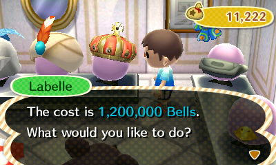 Labelle, talking about a royal crown: The cost is 1,200,000 bells. What would you like to do?
