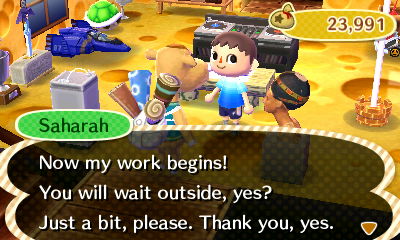 Saharah: Now my work begins! You will wait outside, yes? Just a bit, please. Thank you, yes.