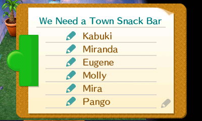 Petition signatures for We Need a Town Snack Bar: Kabuki, Miranda, Eugene, Molly, Mira, Pango.