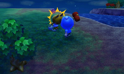 Jeff, dressed as a blue Pikmin, whacks Tabby with a toy hammer (GIF).