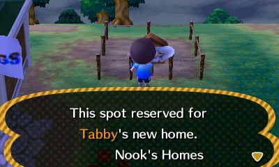 Sign: This spot reserved for Tabby's new home. -Nook's Homes