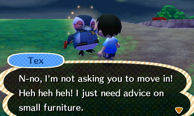 Tex: N-no, I'm not asking you to move in! Heh heh heh! I just need advice on small furniture.